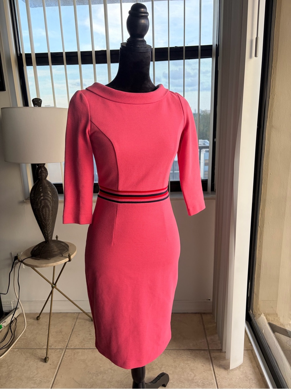 Boden Coral Ottoman Ribbed Sheath Dress Boatneck Stripe Waist 2P Petite